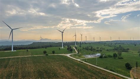 Premium Photo | View from drone of wind turbine farm at ...