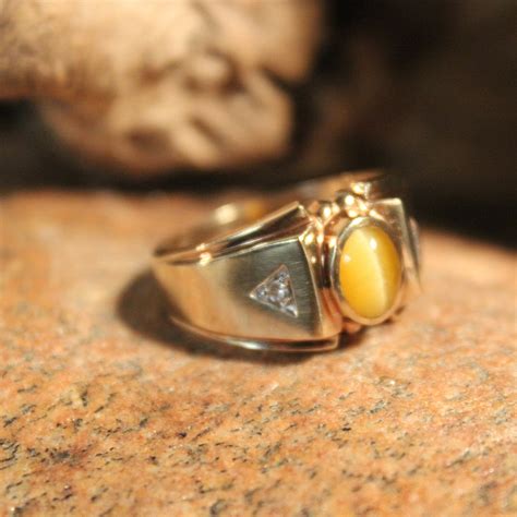 1960's Vintage Mens Tigers Eye & Diamond Ring 5.4 Grams Size 9.5 10K Solid Gold Mens Ring ...