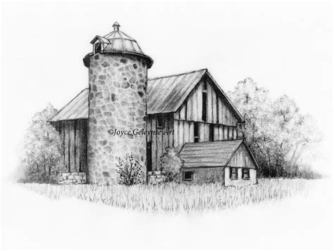 Fine Art Printable Pencil Drawing of OLD BARN With Stone Silo Country ...