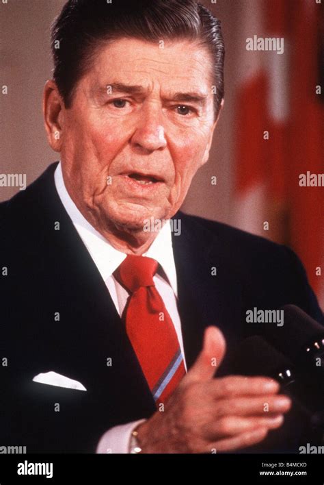 Former American President Ronald Reagan seen here deliverying a speech ...