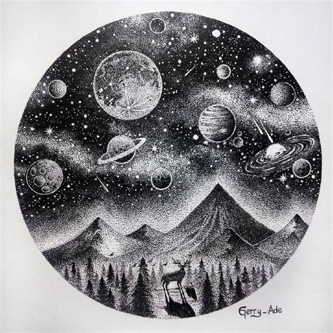 No photo description available. | Stippling art, Planet drawing, Space drawings