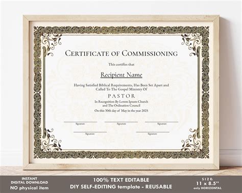 Editable Ordained Minister Certificate Template Commissioning - Etsy Israel