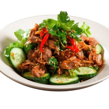 Thai Cuisine Spicy Pork Salad On Wood Background Or Yum Moo Yor, Appetizer, Asia, Background PNG ...