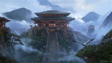 HD wallpaper: temple, fantasy art, artwork, landscape, Japanese Art, mountains | Japanese temple ...