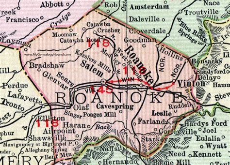 an old map shows the location of roatanoke and its surrounding towns in red