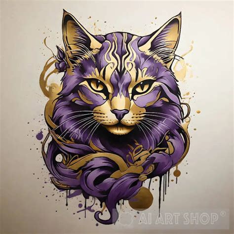 Purple Cat, Artistic Expression, Wall Painting, Vibrant Colors, Cat...