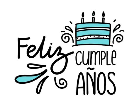 Happy birthday in Spain. Lettering in Spanish with cake and curlicues. Vector illustration ...