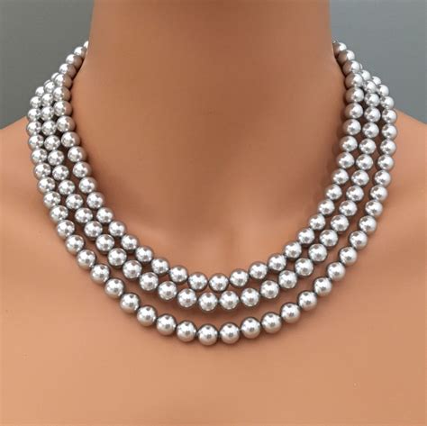 Classic Gray Pearl Necklace Set 3 Multi Strand Crystal Light - Etsy