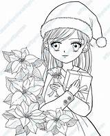 Christmas Digital Stamp Poinsettia And Girl Coloring By Artbymiran sketch template