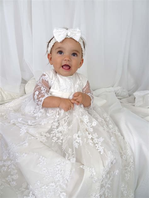 4239B (White Lace): Girls' Silk Christening Gown - Delicate Elegance