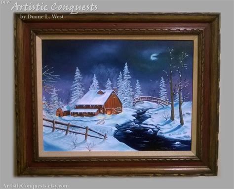 ORIGINAL Oil Painting Winter Barn Landscape / Full Moon, Blue Winter ...