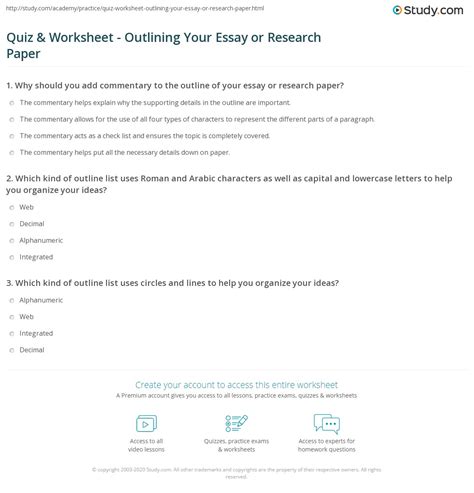 Quiz & Worksheet - Outlining Your Essay or Research Paper | Study.com