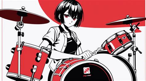 Dynamic Anime Girl Drummer Poster in Red Black and White Minimal Design ...