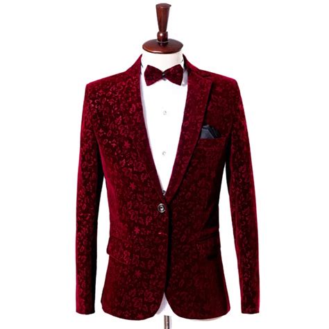 Men Burgundy Velvet Blazer Masculino Jackets Men Wine Red Printed Floral Blazer Homme Mens ...