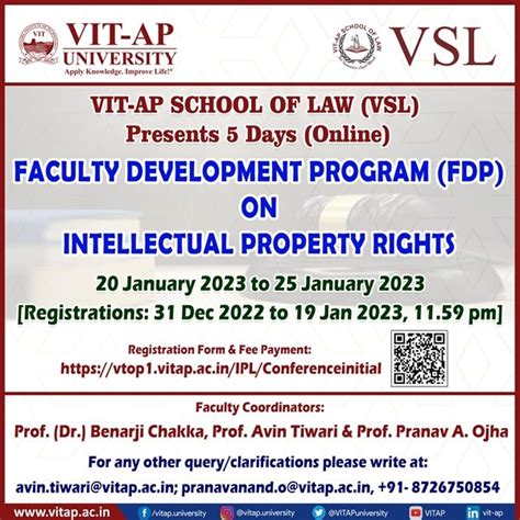 VIT-AP FACULTY DEVELOPMENT PROGRAM ON INTELLECTUAL PROPERTY LAW (20TH JAN-25TH JAN); REGISTER BY ...