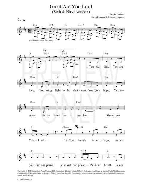 Great Are You Lord Lead Sheet, Lyrics, & Chords | Seth and Nirva ...