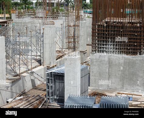 Reinforcement concrete column as part of building structure at the construction site ...