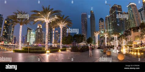 Square with illuminated palm trees, Night Scene, Dubai Marina, Dubai ...