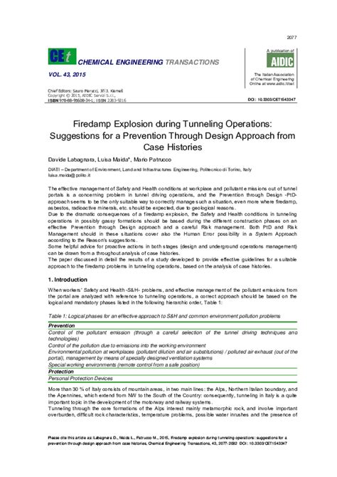 (PDF) Firedamp Explosion during Tunneling Operations: Suggestions for a Prevention Through ...