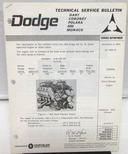 Purchase 1965 Dodge Dealer Technical Service Bulletin 426 Hemi Specs Features Original in Holts ...