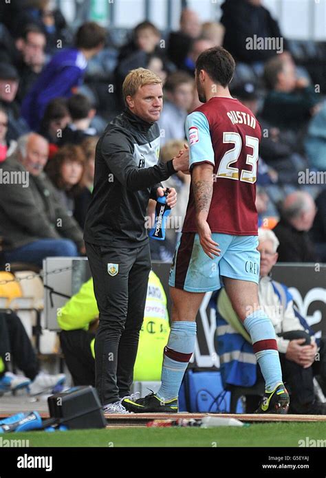 Burnley manager Eddie Howe (left) congratulates goalscorer Charlie ...