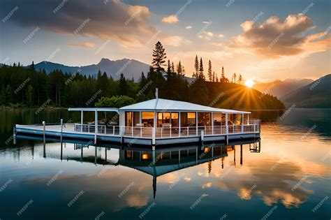 Premium Photo | A boathouse on a lake with the sun setting behind it.