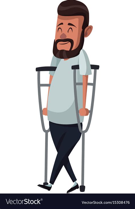 Cartoon man disability walking on crutches Vector Image