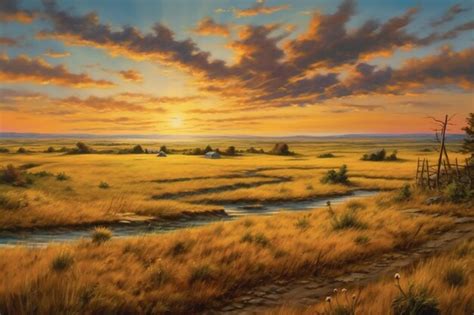 Premium AI Image | A painting of a field with a sunset in the background