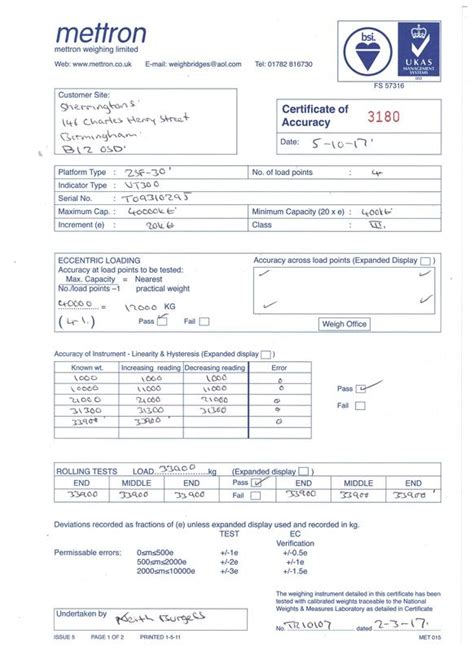 Weighbridge Calibration Cert - SHERRINGTON WASTE MANAGEMENT LTD