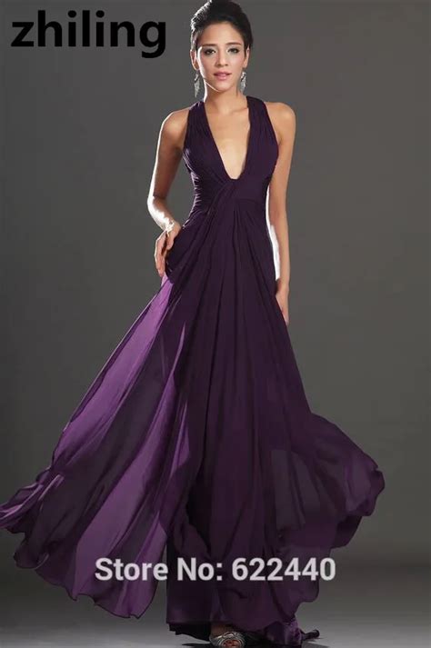 Deep Purple Evening Dresses Sexy Deep V neck Evening Party Dress Long Prom Dress Custom Size ...