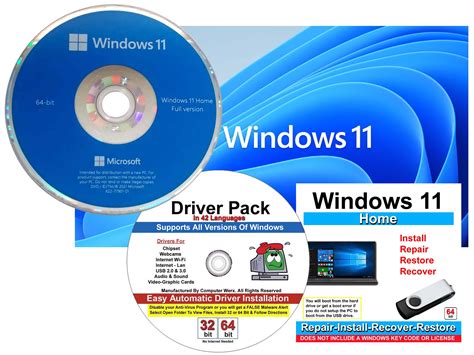 Microsoft Windows 11 Home OEM 64 Bit DVD & Repair, Recover, Restore, Reinstall USB Flash Drive ...