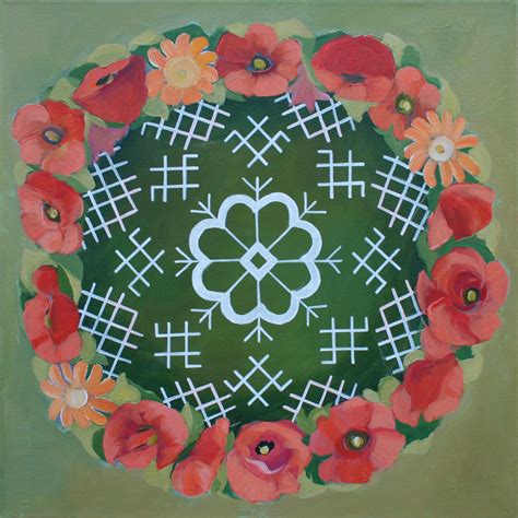 Traditional Latvian folk symbols with floral wreath. Acrylic on canvas, 40x40cm. By Brigita ...