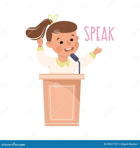 Little Girl Speaking from Tribune Demonstrating Vocabulary and Verb Studying Vector Illustration ...