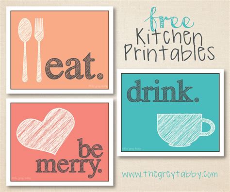 three pictures with the words free kitchen printables, drink be merry and eat