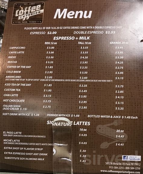 Coffee Emporium menu in El Paso, Texas, USA