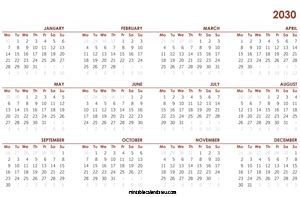 Printable Yearly Calendar 2030