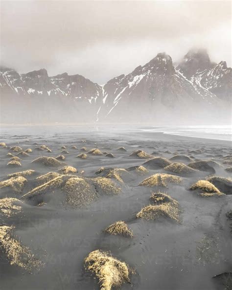 Aerial view of Vestrahorn Mountain in winter in Iceland. stock photo