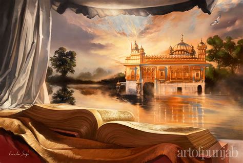 an artistic painting of a golden building by the water