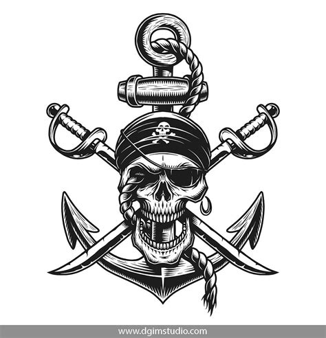 Vintage pirate skull in the bandana and anchor with rope and crossed sabers. Click to the link t ...