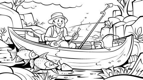 Fishing Coloring Page With A Man In The Boat Background, Fishing Coloring Picture, Fish ...