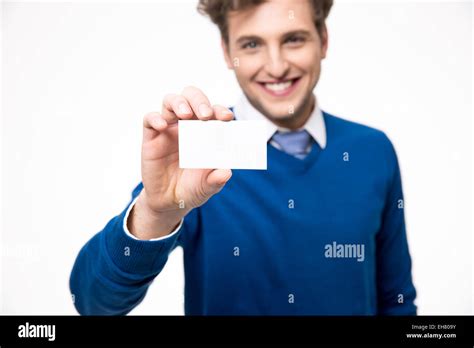 Happy businessman showing blank business card. Focus on card Stock Photo - Alamy