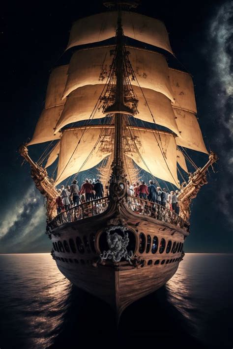 Magical Pirate Ship Sailing in Sea Stock Illustration - Illustration of adventure, glowing ...