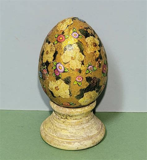 Golden, Flower Decoupaged Paper Mache Egg on Wooden Stand w/ Glitter ...