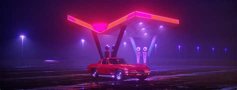 Neon gas station and retro car. Vintage cyberpunk auto. on Behance