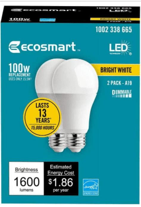 EcoSmart 100-Watt Equivalent A19 Dimmable Energy Star LED Light Bulb Bright White (2 Pack ...