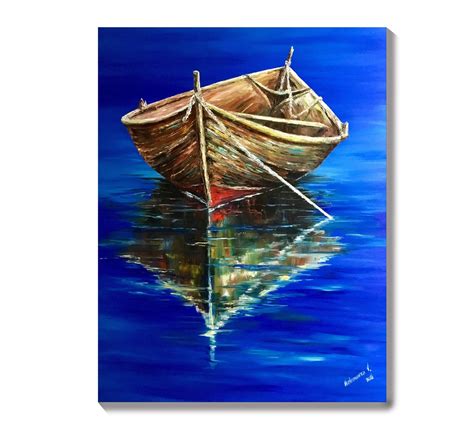 Boat painting original Fine art for living room Blue painting on canvas ...