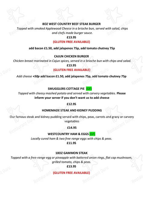 Menu at The Smugglers Inn pub & bar, Dawlish