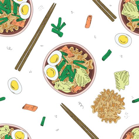 seamless pattern ramen and chopsticks. Sketch. Vector illustration. Chicken Thukpa noodle soup ...