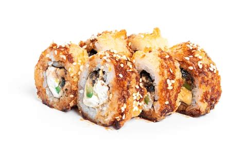 Premium Photo | Hot fried sushi roll with eel isolated. hosomaki.