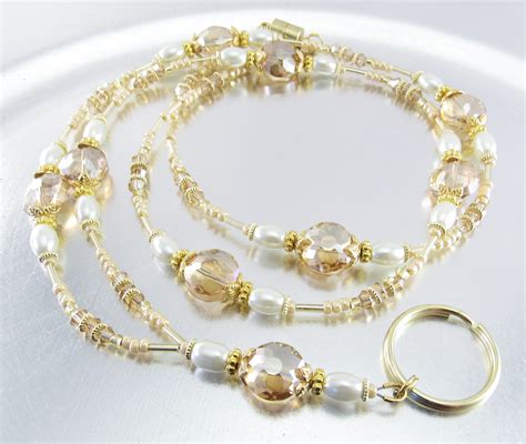 Beaded Lanyard - Gold Faceted Crystal and Glass Pearl Badge Lanyard ...